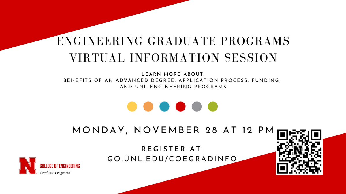Interested in learning more about engineering graduate school? Join our last virtual @NebEngineering graduate school info session of the semester, Monday, November 28 at 12 pm. Register at go.unl.edu/coegradinfo