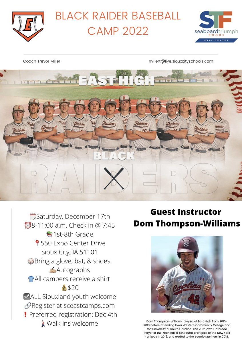 SCEastBaseball's tweet photo. Black Raider Youth Baseball Camp! Hope to see everyone at the Siouxland Expo Center! Special guest instructor 
@DTW42
👀Sign up at https://t.co/jbny6jYJ1D https://t.co/NYdgXiFPXN