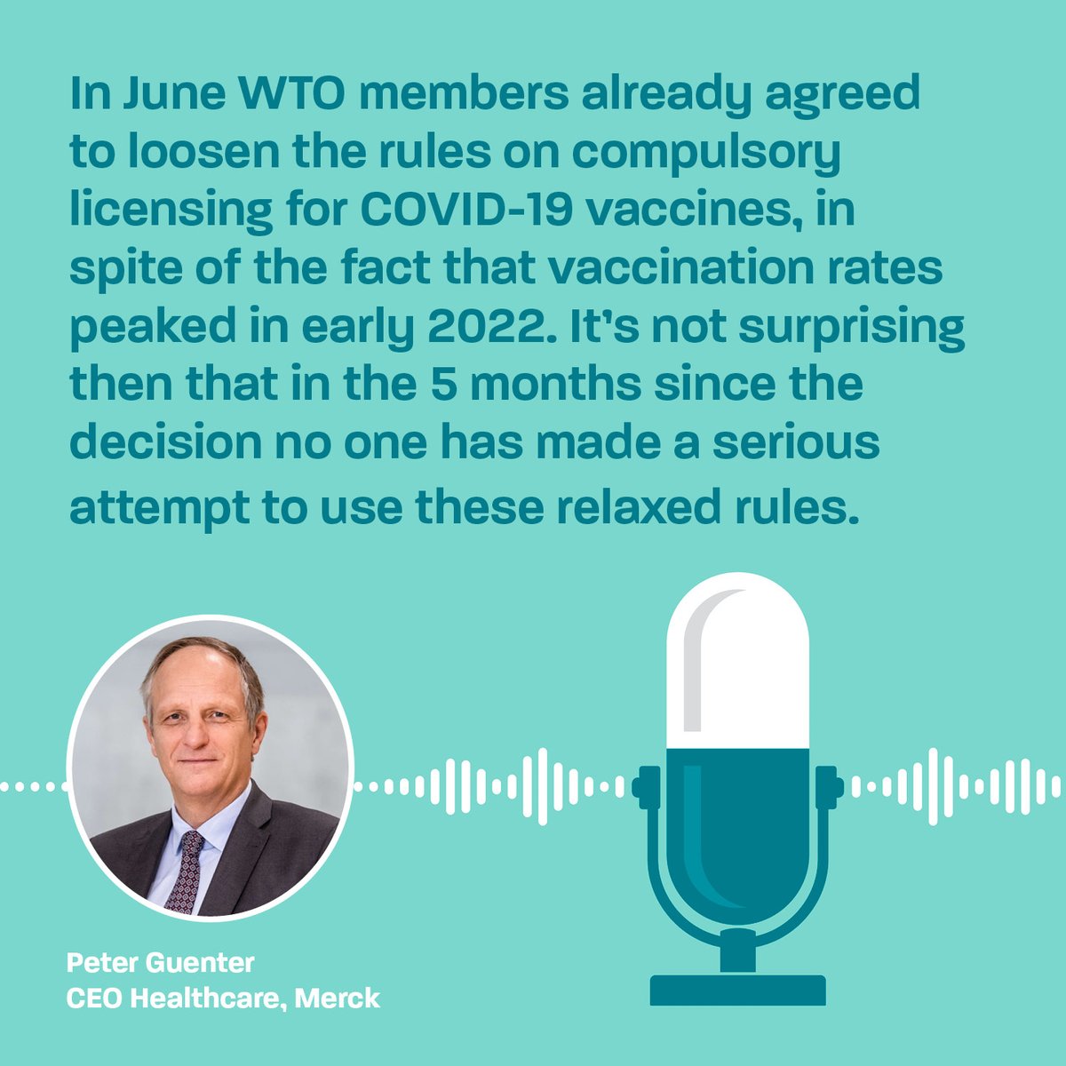 EFPIA's tweet photo. An #IPwaiver extension will jeopardise R&D and future pandemic preparedness.
💡 Learn more from Peter Guenter, CEO of @MerckHealthcare in the 1⃣ episode of the TRIPS podcast series 👉 https://t.co/uMwbBNbCEh
#WeWontRest https://t.co/3knUrsbWRw