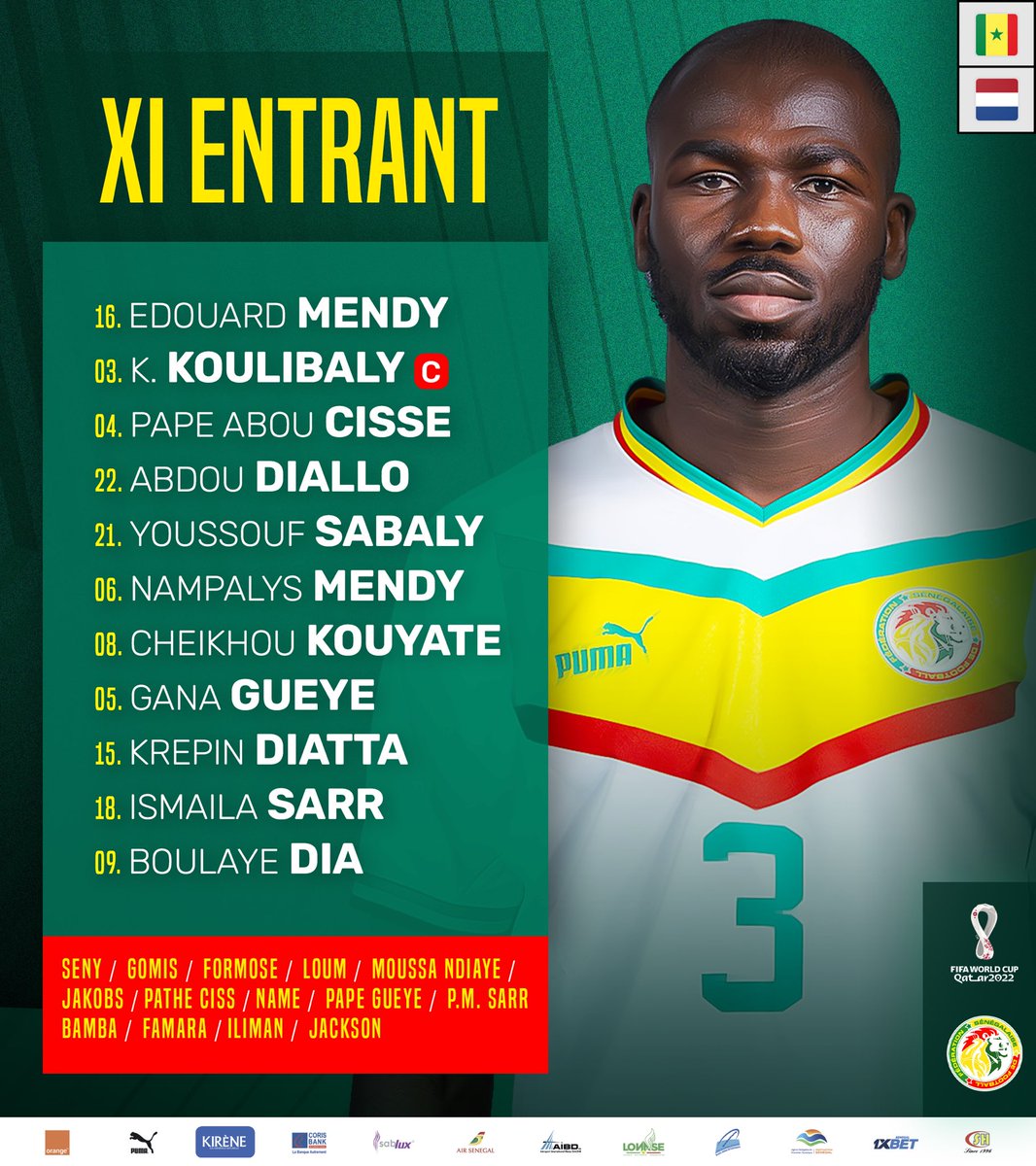 📋✅ Le onze de départ des lions du Sénégal contre les Pays-Bas. #SENNET

#FIFAWorldCup | #MankoWutiNdamli