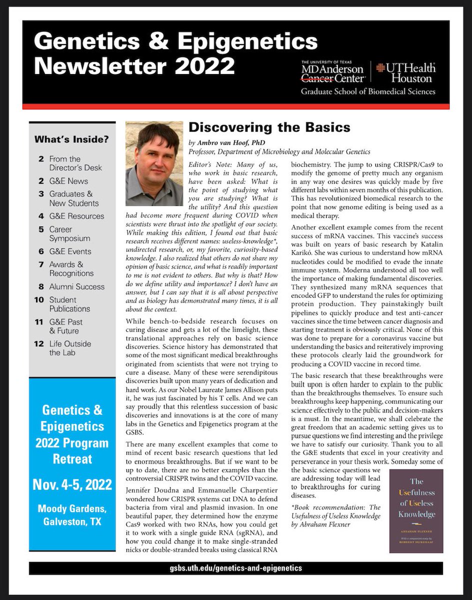 Genetics&Epigenetics (@utgsbsgne) on Twitter photo Check out the annual <a href="/MDA_UTHGrad/">MD Anderson-UTH Grad</a> G&E Newsletter: bit.ly/3Axx6iT. Thanks so much to the editorial team: Editor: Maria Jose Gacha Garay
Co-Editors: Shuangjie You and Tolkappiyan Premkumar Editorial Assistance: Amy Carter and Yejing Ge, PhD Check out the annual <a href="/MDA_UTHGrad/">MD Anderson-UTH Grad</a> G&E Newsletter: bit.ly/3Axx6iT. Thanks so much to the editorial team: Editor: Maria Jose Gacha Garay
Co-Editors: Shuangjie You and Tolkappiyan Premkumar Editorial Assistance: Amy Carter and Yejing Ge, PhD