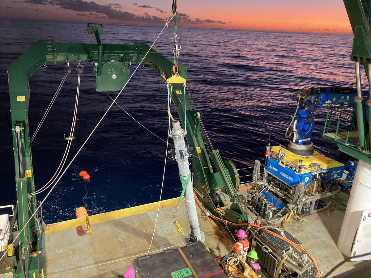 JulesDeep's tweet photo. Our @NSF @NASAAstrobio teams are in the WPacific along the Mariana forearc studying serepentinite mud volcanoes. These are the highest pH environments that we know about in the ocean.  @lifeinrocks sent this image of a sunset CORK-lite deployment aboard the R/V Kilo Moana... 1/2 https://t.co/VVuP04raaR