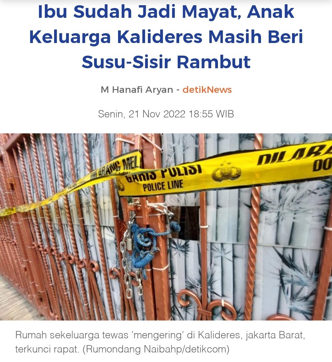 HabisNontonFilm's tweet photo. Baca berita kasus Keluarga Kalideres ini serem bener.

Si Ibu sudah lama jadi mayat, tapi anaknya masih ngasih minum &amp; menyisirin. Sampai dia sendiri meninggal juga 😨

Ngeri banget, kayak kasus2 di dokumenter Unsolved Mysteries. Semoga semuanya terungkap.
https://t.co/pdTJ8M4gat https://t.co/N7EsbvWdoc