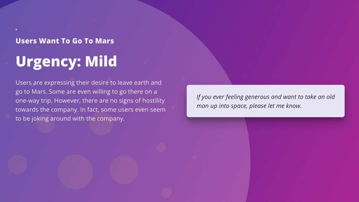 7. Users are expressing their desire to leave earth and go to Mars. Some are even willing to go there on a one-way trip. However, there are no signs of hostility towards the company. In fact, some users even seem to be joking around with the company.

Volume: 26
Urgency: Mild