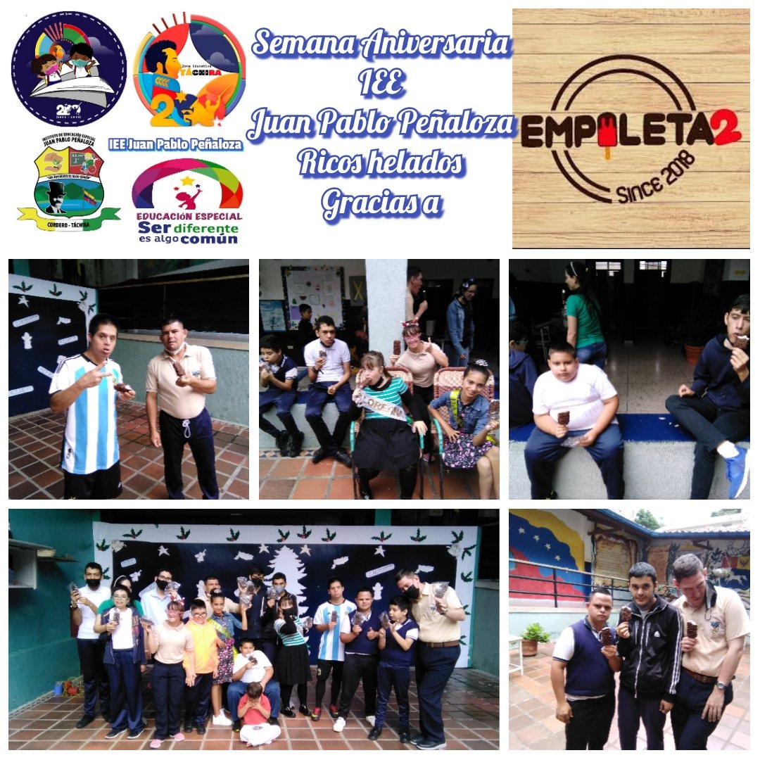 #SemanaAniversaria 🎉🎂 del <a href="/IEEJuanPabloP/">IEE Juan Pablo Peñaloza</a> 🎊🎈 compartiendo ricos helados 🍦🍨🍧 gracias a EMPALETA2 😇🙏
#FiestaEscolar2022_2023 <a href="/NicolasMaduro/">Nicolás Maduro</a>
@MPPEDUCACION 
<a href="/_LaAvanzadora/">Yelitze Santaella</a>
<a href="/FreddyBernal/">Freddy Bernal</a> 
<a href="/Berzabethg1/">Berzabethgandicaoficial</a> <a href="/Div_Ini_Pri_Esp/">Divi. de Niños y Niñas ZET</a>
@ZonaEducTachira <a href="/eduespecial86/">educacion especial</a> <a href="/especialmppe/">Dir. General de Educ. Especial</a> <a href="/empaleta2sc/">Empaletados</a>