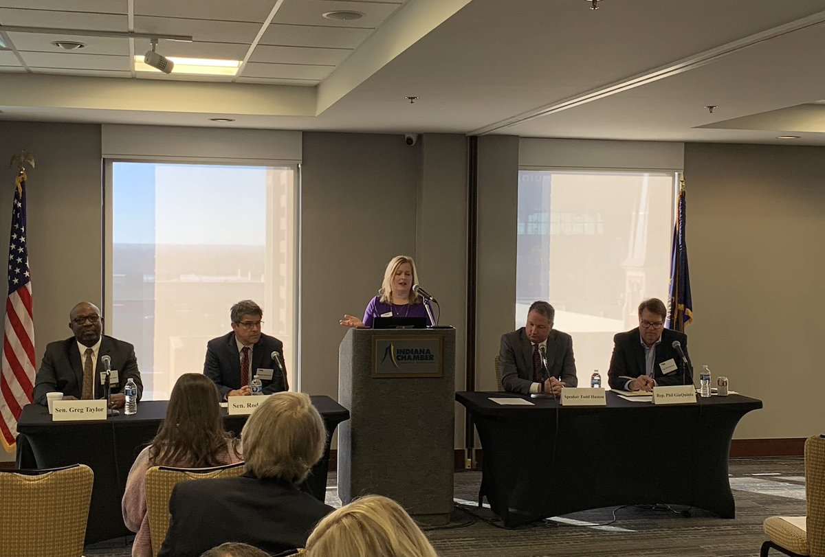 IndianaChamber's tweet photo. Kicking off our 2023 Indiana Chamber Legislative Preview. Thanks to all attending & today’s panel: @Sen_GregTaylor; @bray_rodric; Speaker Todd Huston & @PhilGiaQuinta. #ICCpreview #inlegis https://t.co/aVUPesnOWg