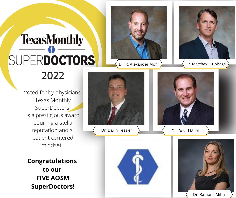 advancedosm's tweet photo. It's official- We're thrilled to have five of our fantastic MDs named Texas Monthly #SuperDoctors for 2022. This is a prestigious award that is voted for by medical professionals and takes into account years of experience, professional achievements, honors and awards and more. https://t.co/G6uRitJymg