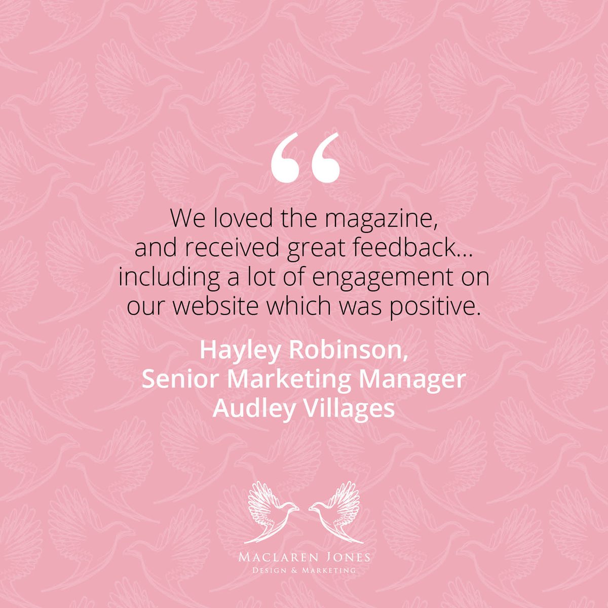 Another lovely client testimonial sent into Maclaren Jones for more like this visit 
maclarenjones.com/client-testimo…

#clienttestimonials #branding #magazinedesign #maclarenjones #knutsford #cheshire #designagency #marketingagency #knutsforddesign #brandingagency #retirementliving