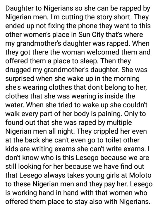 A 16 year old was raped after being drugged by Nigerian men.The story is written below by a family member.