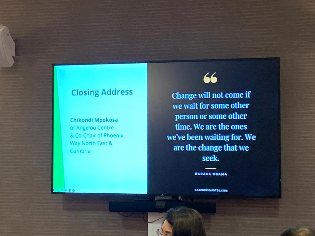 What a great day! @ChikondiMpokosa - Executive Director of @AngelouCentre1 gives the closing remarks at our groups first in-person meeting. Thanks you to all who came and all who contributed to the discussion. Ps: Keep watch this space 🙌🏾👏🏾😊 #PhoenixWayNEC #Rising