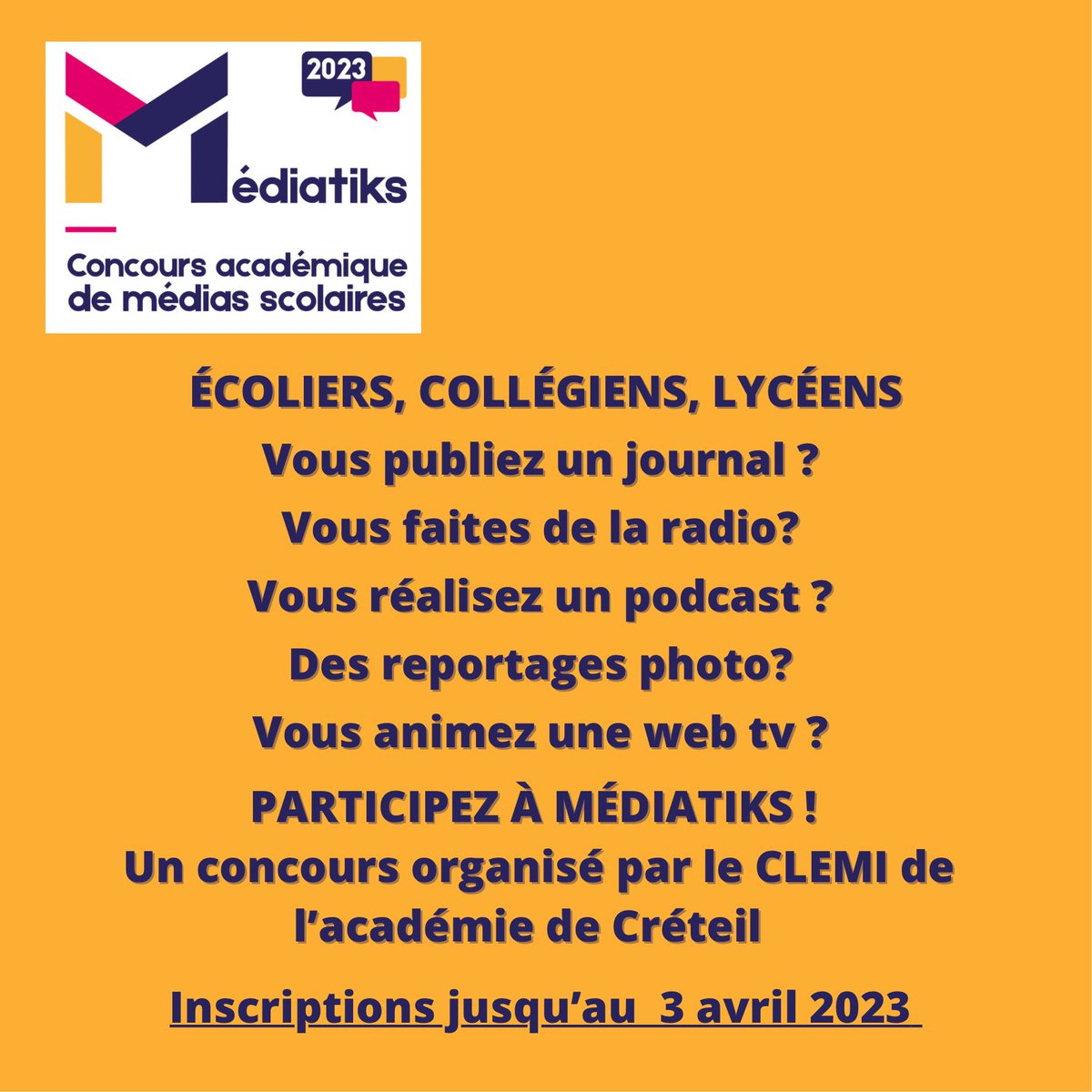 En ce lendemain de la journée internationale des droits de l’enfant, ravis de vous annoncer le lancement du concours des médias scolaires de <a href="/AcCreteil/">Académie de Créteil</a> 
#Médiatiks2023 🎙📰📸📺🎦

Inscrivez le média de vos élèves !
👉🏼 clemi.ac-creteil.fr/spip.php?artic…