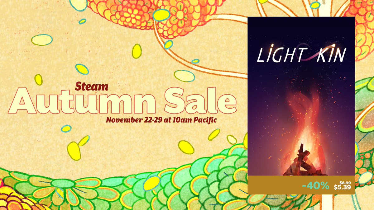 BoxsunGames's tweet photo. With the weather getting colder, and the days getting shorter we want to lighten your mood🍂That's why Light Kin will be 40% off with the Steam Autumn Sale🥳

Get Light Kin on STEAM🔥: https://t.co/DLu0MPLq2u

#Boxsun #LightKin #indiegames #Steam #gamedevs #SteamDeals #steamsales https://t.co/GeCtfMmgWT