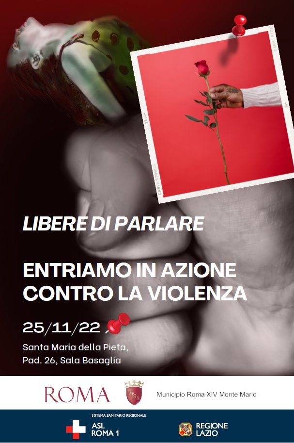 ASLRoma1's tweet photo. Per la Giornata Internazionale per l'Eliminazione della Violenza contro le Donne, venerdì 25 si terrà alla Sala Basaglia del S. Maria della Pietà “Libere di parlare", organizzato da #ASLRoma1 e Municipio XIV.
Per il programma 👉 https://t.co/eWMYqhrw8R

@RegioneLazio @SaluteLazio https://t.co/Sh3ScIhxb6