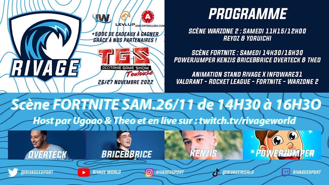 J-5 avant le <a href="/TGSevenements/">🌟TGS Événements - Les salons POP CULTURE 🌟</a>!
Un gros programme nous attend pendant 3 jours avec des invités de marques!
2 scènes, 1 conférence, + de 500€ de cadeaux à gagner:
Fêtons les 15 ans du TGS de la meilleure des manières🥳🌊
(Scène retransmis sur: Twitch.tv/rivageworld)