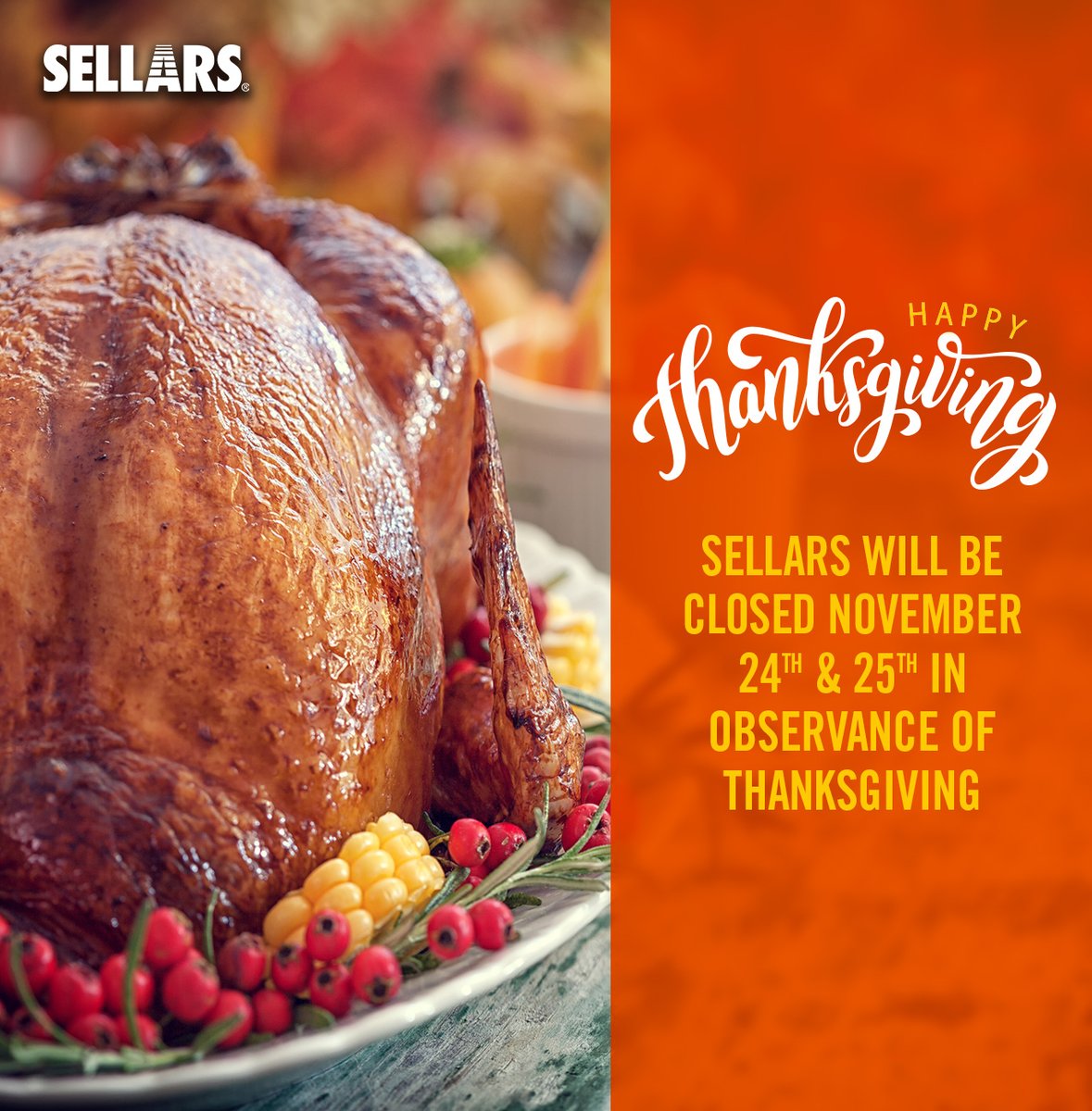 SellarsCompany's tweet photo. 📌Please note that Sellars will be closed this Thursday (11/24) &amp; Friday (11/25) in honor of Thanksgiving. https://t.co/965ElEmD3a