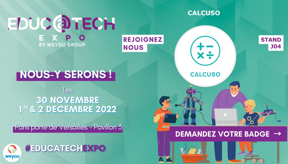 [A VOS AGENDAS]
Nous serons présent à Educ@tech du 30 novembre au 2 décembre à Paris porte de Versailles !
Rejoignez nous sur le salon professionnel de l'innovation éducative !
Demandez votre badge gratuit ici → demande-badge.educatech-expo.com/km?ex=vcdekih92

#educatechexpo  #edtech #salon #innovation