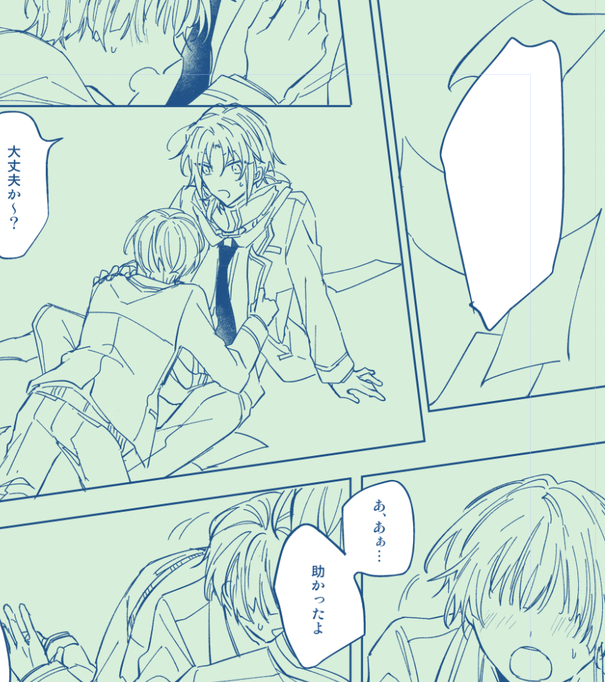 配信やりながら裏で通話してたんだけどモブの名前まで決めてバカクソ盛り上がって、なんなら「他のヤツがいじめてきて中庭の噴水に落とされたゆうと君がじん君からパーカーを羽織わされる」ってネタ提供されて大興奮して描いちゃった🤪 