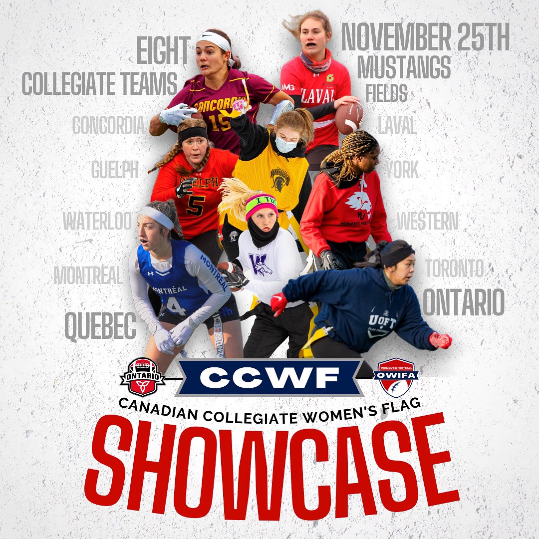 The Canadian Collegiate Women’s Flag Showcase features 8 teams across Ontario and Quebec. Friday from 11-9pm will be jam packed with the highest level of women’s football in Canada!

See you there:
📍Mustangs Field, <a href="/WesternMustangs/">Western Mustangs</a> 
🗓Friday, Nov 25th
⏱11:00am-9:00pm EST
🎟FREE