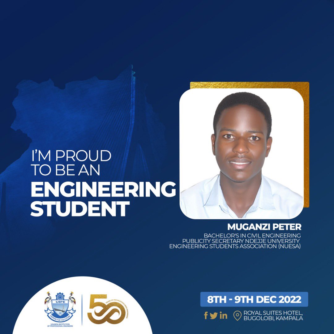 UIPE_Uganda's tweet image. Muganzi Peter is proud to be an Engineering student. He is pursuing a Bachelor’s degree in Civil Engineering, @NdejjeUnive 

Peter is the Publicity Secretary of Ndejje University Engineering Students Association. @NUESA22 

Kudos to you Peter.
#StudentEngineer
#UIPEAt50