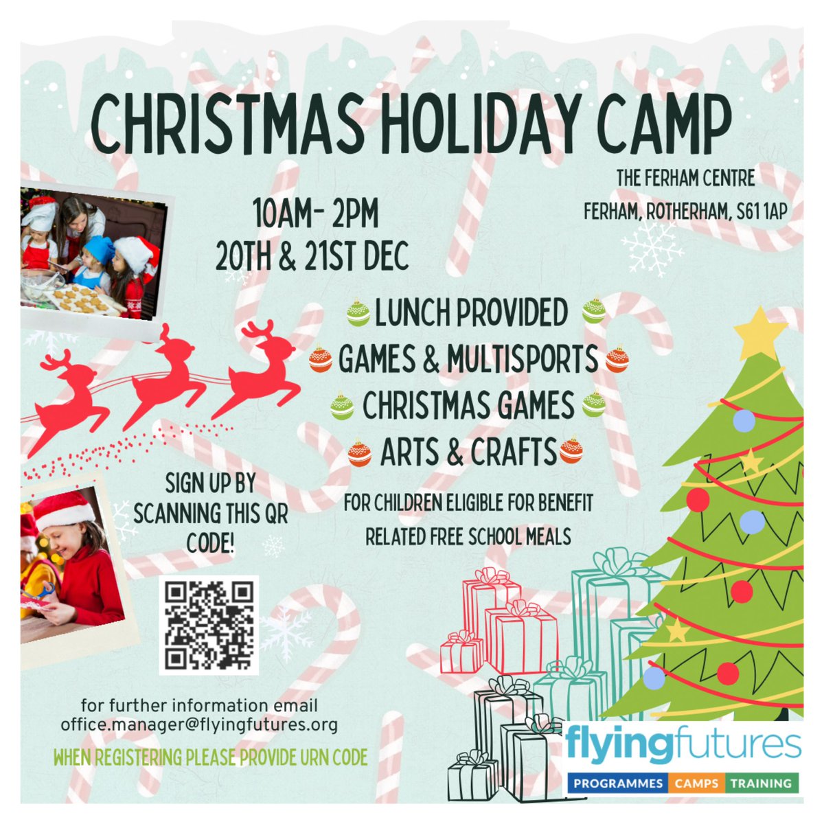 FlyingFutures's tweet photo. We have a series of FREE Holiday Camps running in December. 

📍The Ferham Centre, Ferham, Rotherham S61 1AP
📆 20th &amp; 21stDecember 
⏰ 10am - 2pm

Link to booking form

https://t.co/BrEyFGRdCO

#haf #rotherham #ferham #flyingfutures #christmas #december https://t.co/c5hy8OTkkP