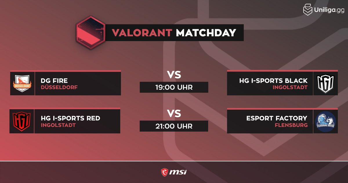 #valorant 🔥

Der Papa darf heute gleich beide Ingolstädter Teams auf einmal machen 😮

⏰ 19 Uhr
📺 twitch.tv/uniliga_aim
▶️ <a href="/ddorf_gaming/">Düsseldorf Gaming</a> Fire ⚔️ <a href="/hg_ingolstadt/">Hochschulgaming Ingolstadt e.V.</a> Black
▶️ <a href="/hg_ingolstadt/">Hochschulgaming Ingolstadt e.V.</a> Red ⚔️ <a href="/EsportFactoryDE/">Esport Factory</a>
🎙️ <a href="/CraftyMoustache/">Crafty</a> &amp; <a href="/ShingekiGG/">ShingekiGG</a>
🎬 <a href="/DontFlashMyR/">Tim Konopka</a>