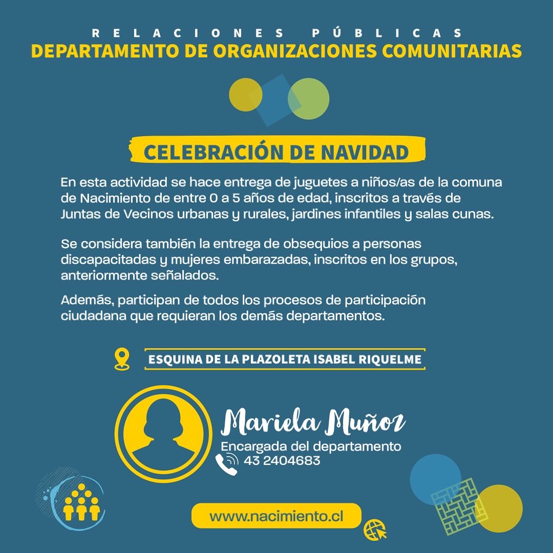 ✅ #ConociendoTuMunicipio | Hoy continuamos esta campaña contándote sobre nuestro Departamento de Organizaciones Comunitarias 🧍🏻

ℹ️ Si tienes dudas sobre cómo constituir una organización, te invitamos a la oficina en la esquina de la Plazoleta Isabel Riquelme 📳

#MuniNacimiento