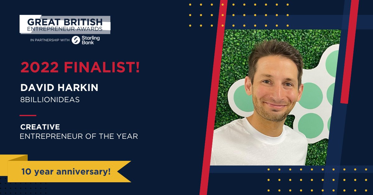 We're delighted to share that 8billionideas' Founder and CEO <a href="/davidjharkin/">David J Harkin</a> is shortlisted to win 'Creative Entrepreneur of the Year' at <a href="/EntrepreneursGB/">Great British Entrepreneur Awards & Community</a>'s #GBEA 2022 tonight! 🏆

Best of luck to everyone involved 🙌