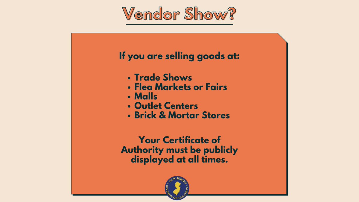 nj_taxation's tweet photo. As a seller of goods in NJ, you have the responsibility to comply with NJ tax laws. Our investigators visit vendor shows and businesses to educate & enforce those responsibilities. For more info, visit https://t.co/ifcoUrFgxb.
#njtax #vendorshows #supportlocal #supportNJlocal https://t.co/6YsxjhnKCO