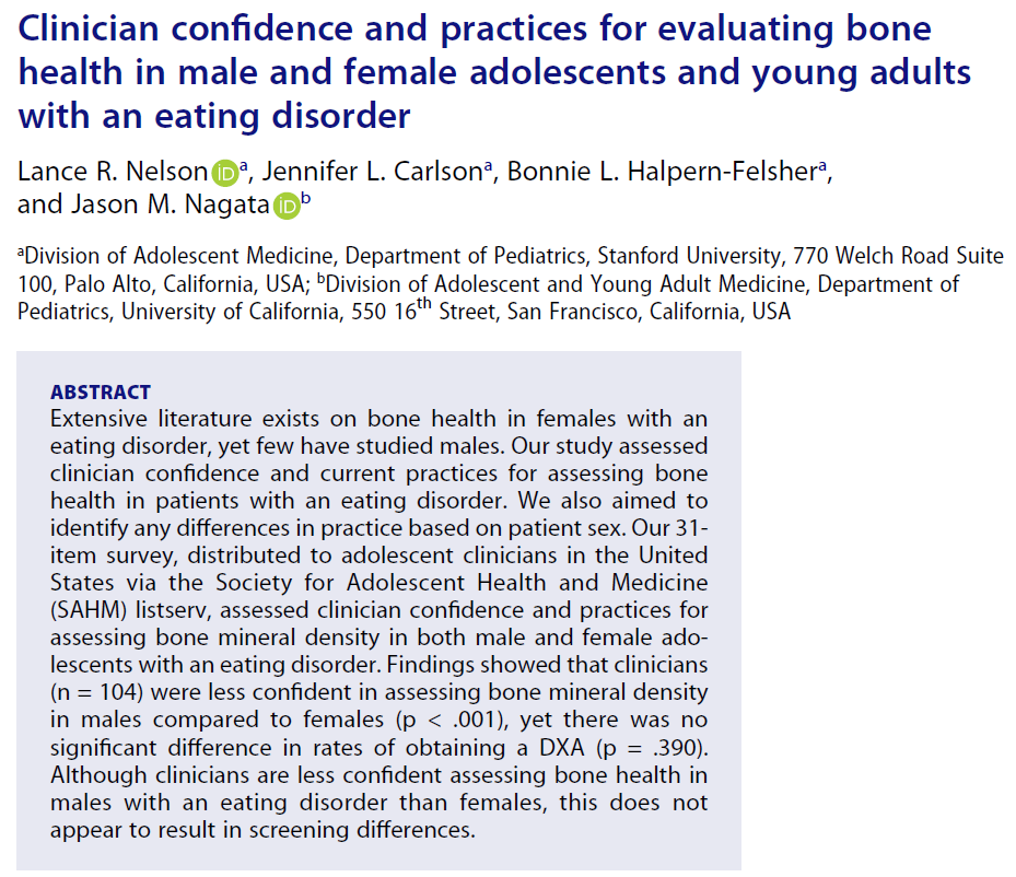 Jason Nagata, MD (@jasonmnagata) on Twitter photo 📢 0⃣% of clinicians reported feeling more confident assessing bone health for males with #eatingdisorders (54% were more confident with females), highlighting the need for more provider training.
New study in <a href="/EDsJTP/">ED Journal of T&P</a> led by Lance Nelson <a href="/StanfordPeds/">Stanford Pediatrics</a> 🔗 bit.ly/3UWCowC 📢 0⃣% of clinicians reported feeling more confident assessing bone health for males with #eatingdisorders (54% were more confident with females), highlighting the need for more provider training.
New study in <a href="/EDsJTP/">ED Journal of T&P</a> led by Lance Nelson <a href="/StanfordPeds/">Stanford Pediatrics</a> 🔗 bit.ly/3UWCowC