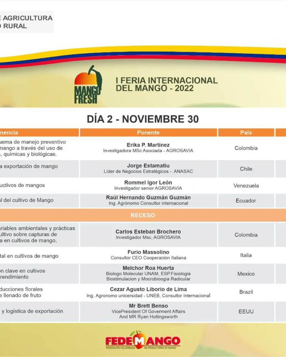 Asohofrucol's tweet photo. No te pierdas el #MangoFresh organizado por @fedemangoorg los días 29 y 30 de noviembre en @corferias 👉🏽 acompáñanos visitando el stand de @asohofrucol 👈🏽 Revisa la agenda académica. https://t.co/mPv3AQ6lwT
