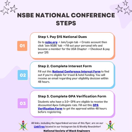 NSBE’s National Convention is March 21st - March 26th! Follow these steps by visiting our LinkTree located in our bio to access all links 🤩🥳