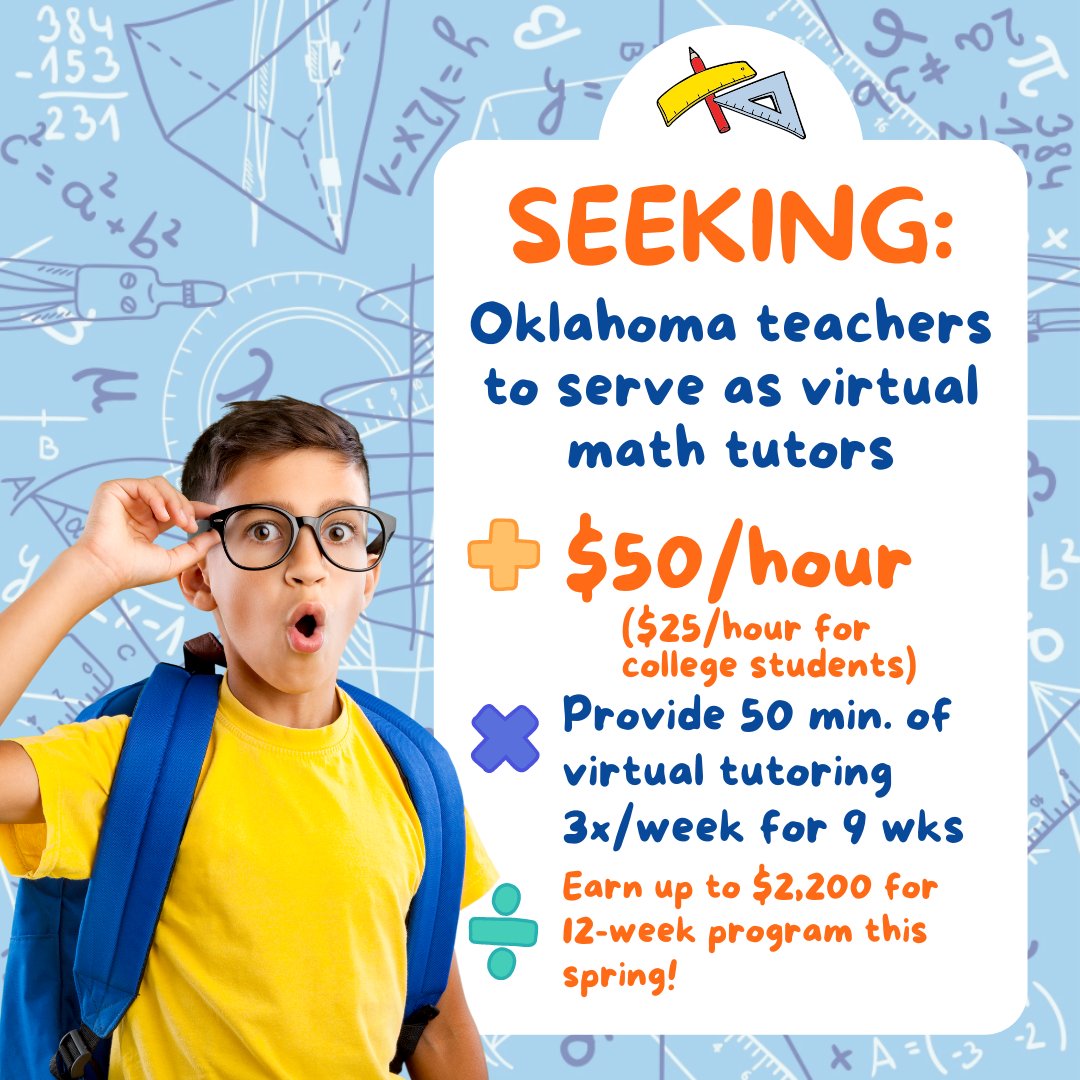 oksde's tweet photo. We are looking for Oklahoma educators, higher ed professors and/or college students to virtually tutor students in 7th, 8th or 9th-grade math! Learn more/apply: https://t.co/VCmAKyEGCi
Educators: $50/hr
College students: $25/hr
Deadline to apply is Nov. 23, 5pm! #oklaed #OKMath https://t.co/Aaxvwqj34W