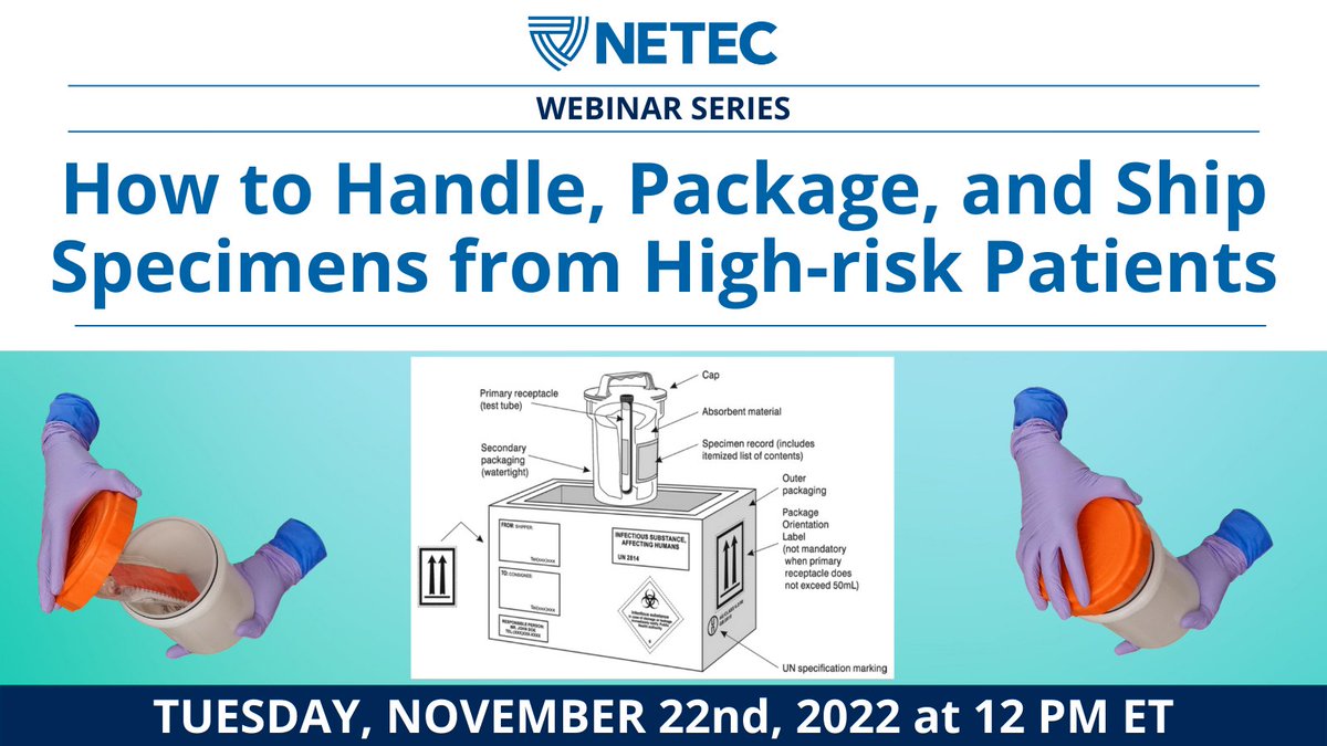 TheNETEC's tweet photo. Join @Jmorgan30030 of @emoryhealthcare, Rob Nickla of @APHL, & Karen Stiles of Nebraska Public Health #Laboratory tomorrow, Nov. 22, at noon EST, for a #NETEC webinar to help frontline facilities prepare for handling #SpecialPathogen specimens. Register: https://t.co/I4XP0XlTV8 https://t.co/7JyUu4JZJi