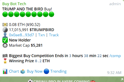 TrumpandtheBird's tweet image. #TrumpBird biggest buy competition is in full-swing. Biggest buy takes home .2 ETH. Ends at 2 pm est. #TrumpAnnouncement #1000xgem #1000xGems