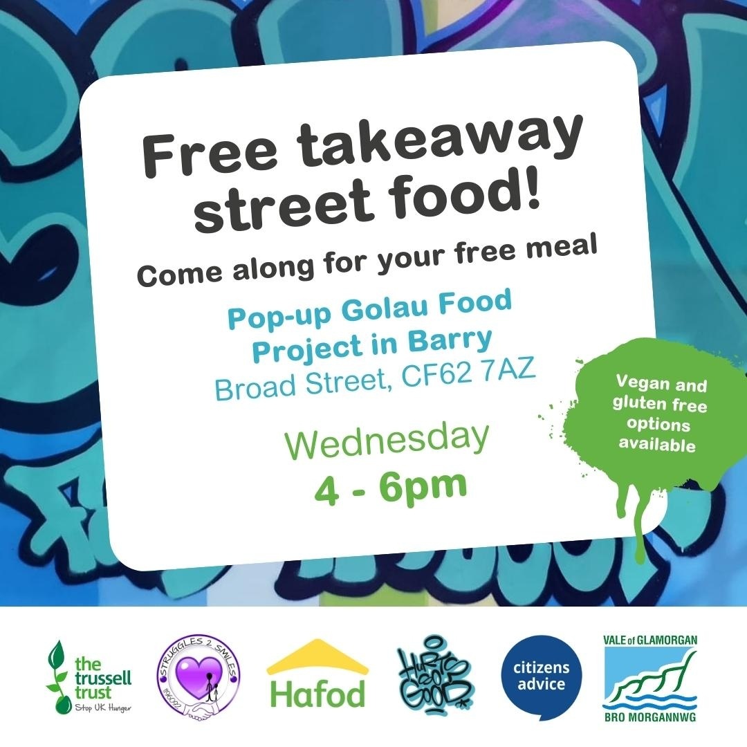 Come down to the pop-up Golau Food Project in Barry this Wednesday from 4-6pm for some delicious free street food! Everyone is welcome.

📍 The pop-up Golau Food Project, Broad Street, Barry, CF62 7TZ
🕓 4 - 6pm Wednesday

See you there! Meals subject to availability.