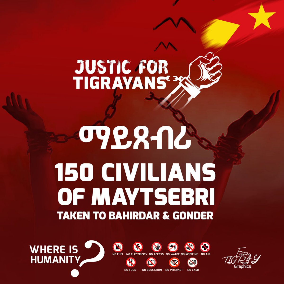 feature_tigray's tweet photo. Dear: @_AfricanUnion &amp; @WhiteHouse
@UN @EU_Commission
Amhara FANO and militia have been torturing Tigrayans detained in 
#MayTsebri/Tigray, and finally they have taken 150 detained civilians to Bahir Dar and Gondar this week.
#AmharaOutOfTigray
#StopTigrayGenocide@feature_tigray https://t.co/sILIJLqcUD