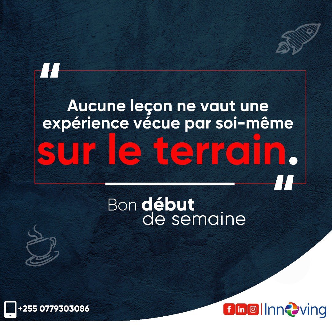 #Innoving 
Le terrain nous é𝐝𝐮𝐪𝐮𝐞, nous 𝐟𝐨𝐫𝐦𝐞, nous 𝐭𝐫𝐚𝐧𝐬𝐟𝐨𝐫𝐦𝐞 mais surtout nous 𝐚𝐩𝐩𝐫𝐞𝐧𝐝 des leçons qui ne sont dans aucun bouquin. 
𝐄𝐱𝐜𝐞𝐥𝐥𝐞𝐧𝐭 𝐬𝐞𝐦𝐚𝐢𝐧𝐞 à 𝐭𝐨𝐮𝐬! 

#Nzassa 𝐀𝐩𝐩𝐥𝐢𝐜𝐚𝐭𝐢𝐨𝐧 𝐝𝐞 𝐆𝐞𝐬𝐭𝐢𝐨𝐧 𝐃𝐢𝐠𝐢𝐭𝐚𝐥𝐞
