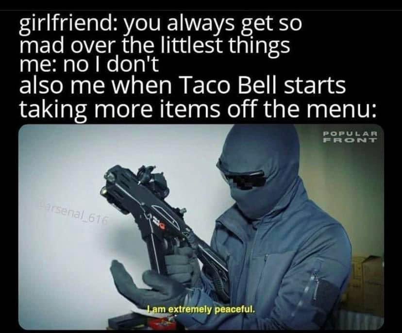 StayFree3DP's tweet photo. Our Taco Bell marked safe because Mexican pizza finally back up on the menu. #RIPjstark https://t.co/vT0j9Ahw4K