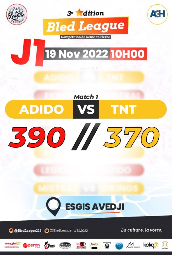 BledLeague's tweet photo. #BL2022 #GEHTogo #CultureGenerale
@Assogeh @erudyx @OperonGroup
Les scores de la première journée (#J1) de cette troisième édition de @BledLeague.
L'équipe d'Agoè est un candidat sérieux à sa propre succession. https://t.co/JBhxcgExL5
