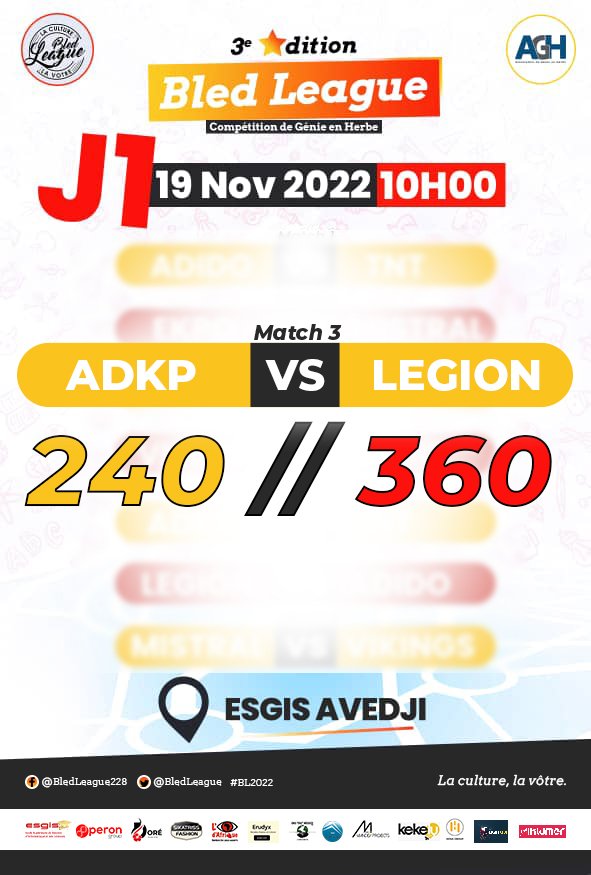 BledLeague's tweet photo. #BL2022 #GEHTogo #CultureGenerale
@Assogeh @erudyx @OperonGroup
Les scores de la première journée (#J1) de cette troisième édition de @BledLeague.
L'équipe d'Agoè est un candidat sérieux à sa propre succession. https://t.co/JBhxcgExL5