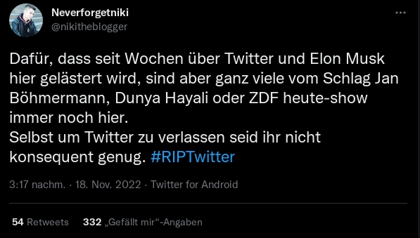 NikithebIocker's tweet photo. Dafür, dass seit ewig über Twitter und Zensur hier gelästert wird, sind aber ganz viele vom Schlag Niklas Lotz &amp; Co. immer noch hier.
Selbst um Twitter zu verlassen seid ihr nicht konsequent genug. #RIPTwitter https://t.co/8KBmEmDSz3