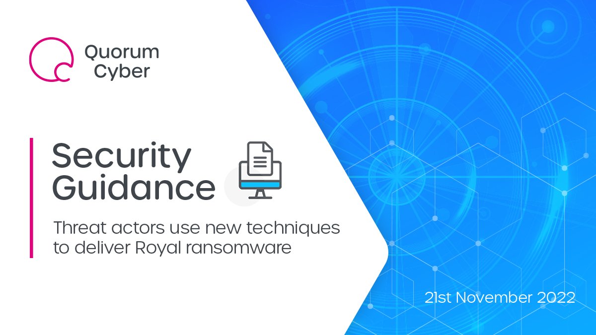 QuorumCyber's tweet photo. Royal is a #ransomware that has been affiliated with Dev-0569, a #threatactor that typically uses spear phishing and #malvertising to infect victims with their chosen #malware.
For more info, you can read our #QuickInfo: https://t.co/GpYwUoi0Oy https://t.co/WlQH7ylvef