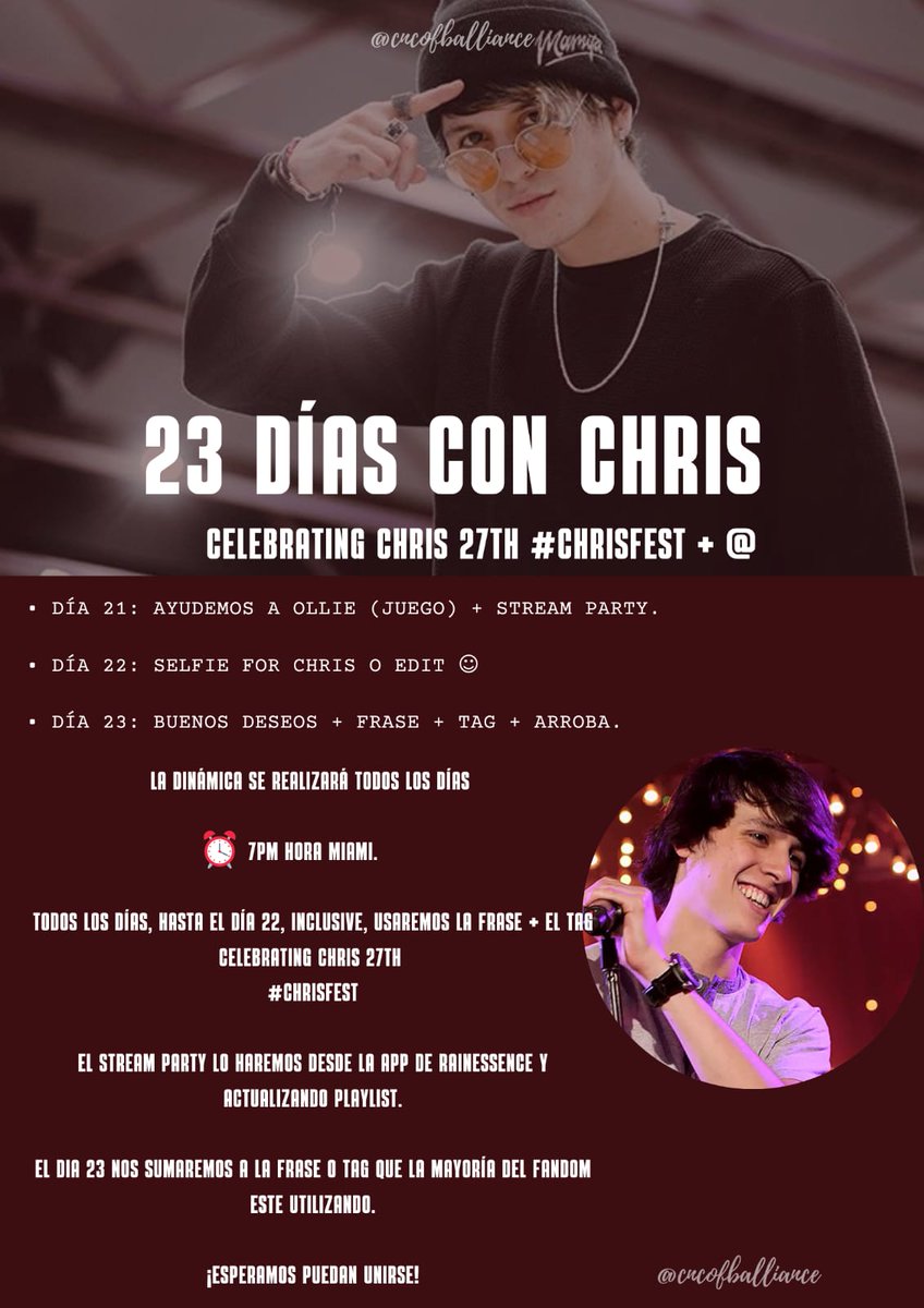 CNCOFanBaseA's tweet photo. 🎊|Quedan solo 2 días para el cumple de Chris, por eso, Hoy Lxs Esperamos en el día 21 de “23 días con Chris ”.
📝 La actividad de hoy es: Ayuda a Ollie (Juego) + Stream Party + frase y tag.
7pm Miami, esperamos su unión 🫶
CELEBRATING CHRIS 27TH
#ChrisFest @christophervele https://t.co/T0i5CdM6FN