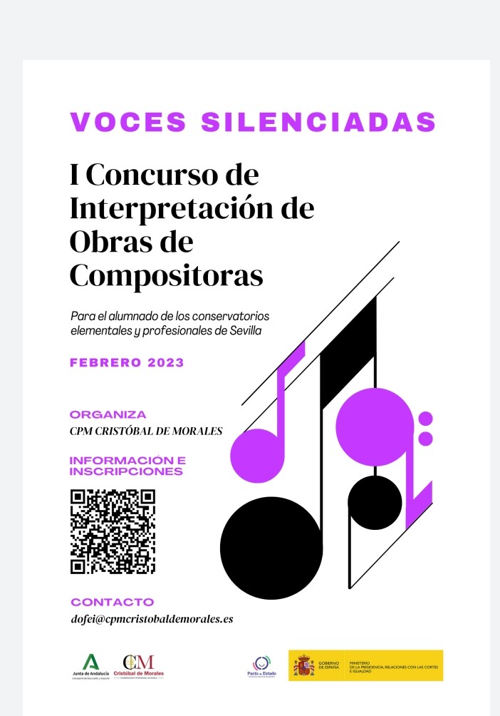 palmeracoeduca's tweet photo. El CPM Cristóbal de Morales organiza el I Concurso de Interpretación de Obras de Compositoras "Voces Silenciadas" para alumnado de enseñanzas elementales y profesionales de música de la provincia de Sevilla.
El plazo de inscripción termina el 13 de enero. https://t.co/mctVvH9RzC