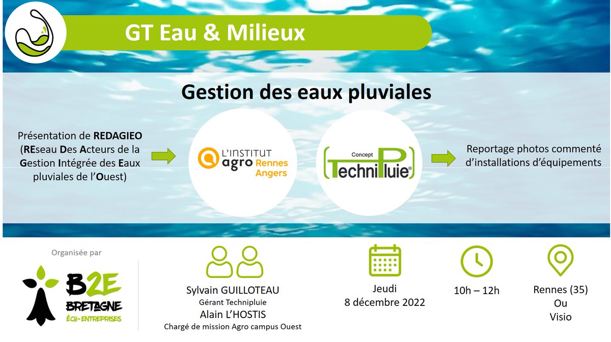 EcoEnt_Bzh's tweet photo. 🗓 [Réunion GT #EauEtMilieux💧] RDV le 8 décembre pour une matinée consacrée à la « Gestion des eaux pluviales » !
⌚ Horaires : 9h30 - 12h30
📍Lieu : En visio / à #Rennes

Retrouvez le programme détaillé de cette journée ici 👉  https://t.co/WYWhiL59Nh

@ademe @regionbretagne https://t.co/dbN2QhIzRz