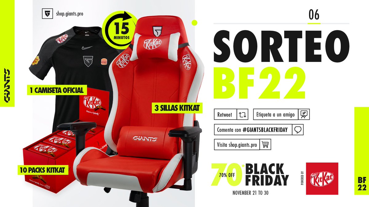 🔥 SÚPER SORTEO BLACK FRIDAY 🔥

Ganar es MUY FÁCIL:

➡️ Visita nuestra web bit.ly/BF-GIANTS
🔁 RT a este tweet
🗣 Comenta con #GIANTSBLACKFRIDAY
🫂 Menciona a un amigo
  
Gracias a <a href="/kitkatspain/">KitKat España</a> puedes lograr muchos premios.

¡Ganadores cada 15 minutos! ¡PARTICIPA! 🍀