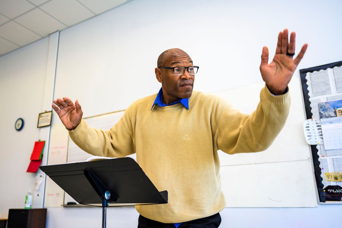 FXBGAcademy's tweet photo. Band Director Mr. Ramsey keeps us marching to the same beat! #FAarts #FAband https://t.co/NxbotHtjMr
