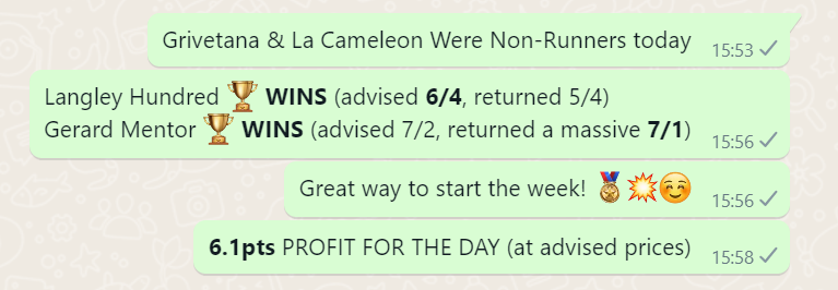 19Rich_'s tweet photo. Langley Hundred & Gerard Mentor win for the FREE group today!
6.1pts profit to start the week! π₯π₯π
#HorseRacing #Betting #HorseBets #EquineLover #BettingTips #FreeBet #Winning #MoneyMaker #MoneyMindset #NFTBetting https://t.co/zRi2dLAlnc