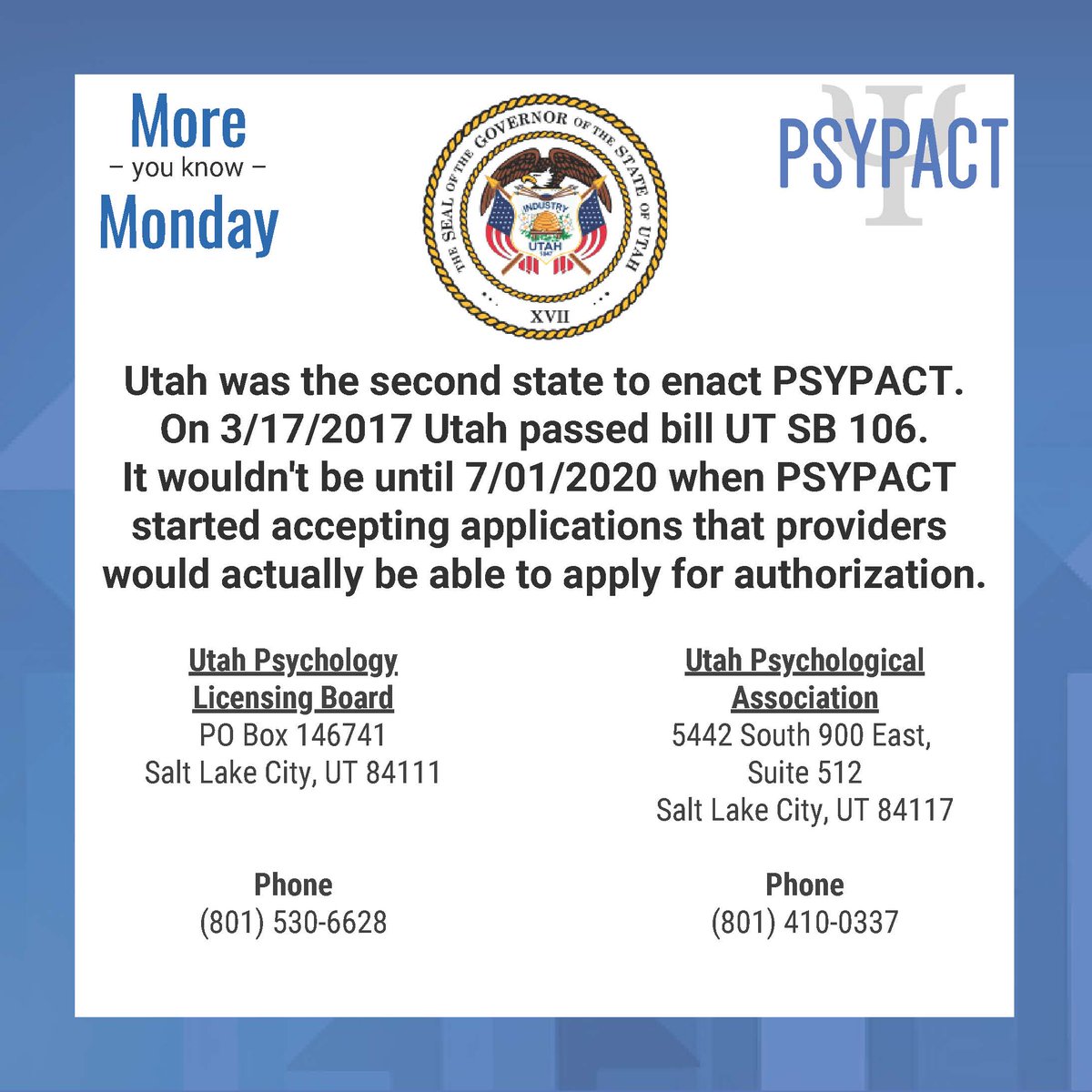 PSYPACT's tweet photo. Utah was the second state to enact PSYPACT! Want to learn more about PSYPACT? Go to https://t.co/Ruoo7XxqFZ to learn all about PSYPACT. #psypact #psypacttherapists #psypactpsychologist #psychology  #mentalhealth #menatlhealthawareness #mentalhealthmatters #accessforall https://t.co/EDu5Hn1kZx