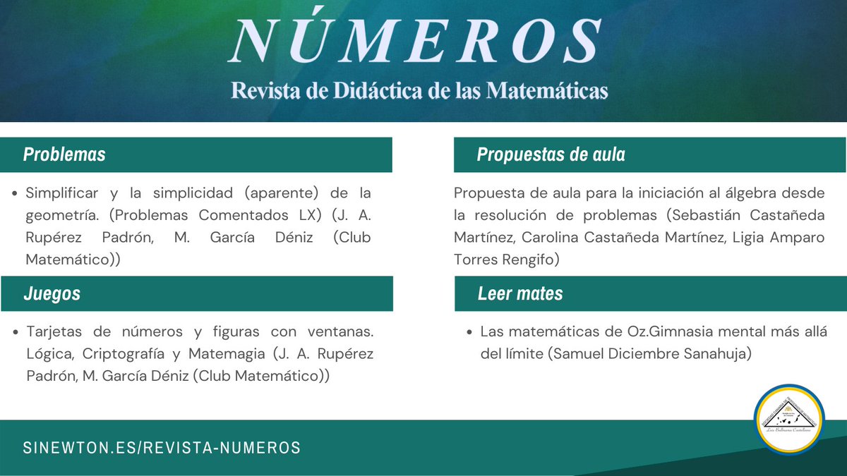 SCPMLBalbuenaC's tweet photo. Ya está disponible el VOLUMEN 112 de la revista #NÚMEROS en nuestra web con nuevos artículos, experiencias de aula,  problemas, juegos y más

https://t.co/FUdS9m1bHA

Disfruten de esta nueva entrega pulsando en el enlace
#SCPM #SCPMLBC https://t.co/JDUDjJXhNi
